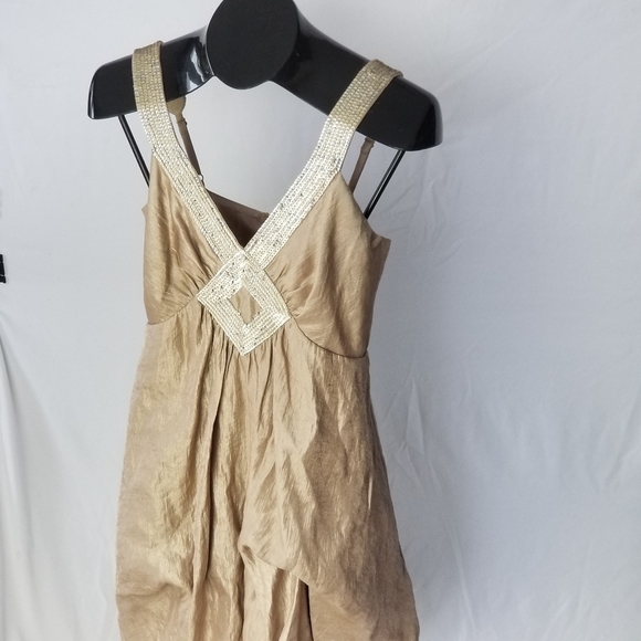 NWT BCBGMAXAZRIA Women's Gold Sequin Beaded Ruched Bubble Hem A-Line Dress US4 - Picture 2 of 10